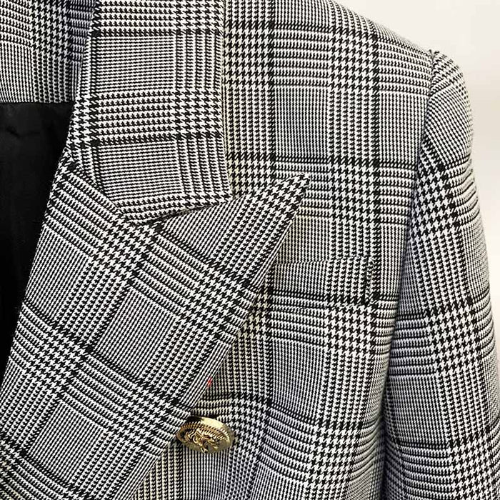 Women's Double Breasted Lion Button Blazer Slim Fitting Plaid Jacket