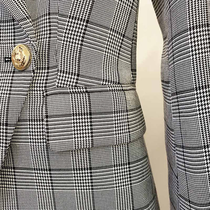 Women's Double Breasted Lion Button Blazer Slim Fitting Plaid Jacket