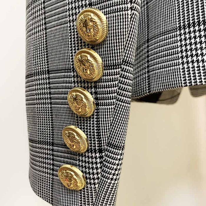 Women's Double Breasted Lion Button Blazer Slim Fitting Plaid Jacket