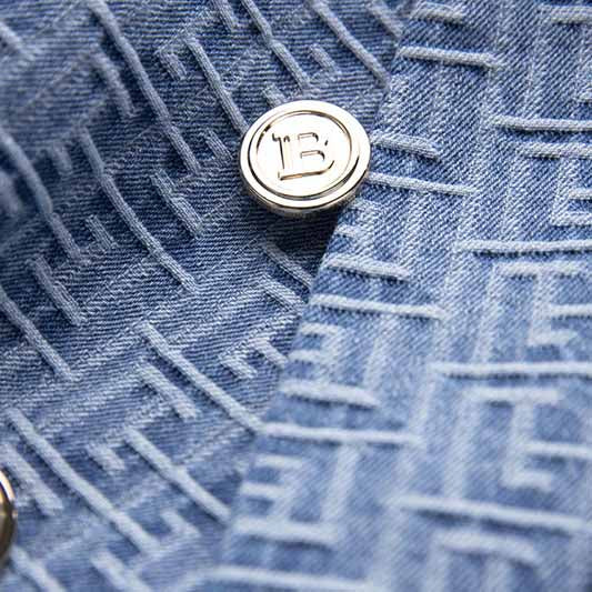 Women's Double Breasted Lion Buttons Belted Soft Denim Blazer Jacket