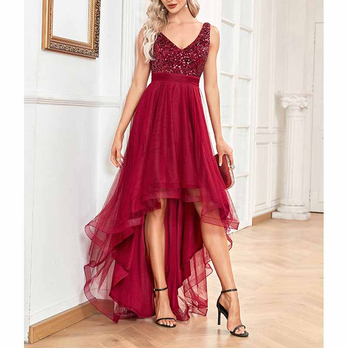 Womens Double V Neck High Low Sequin Tulle Plus Size Formal Evening Dresses
