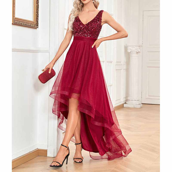 Womens Double V Neck High Low Sequin Tulle Plus Size Formal Evening Dresses