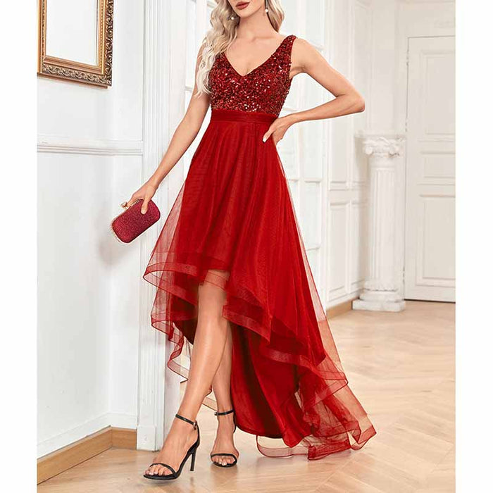 Womens Double V Neck High Low Sequin Tulle Plus Size Formal Evening Dresses