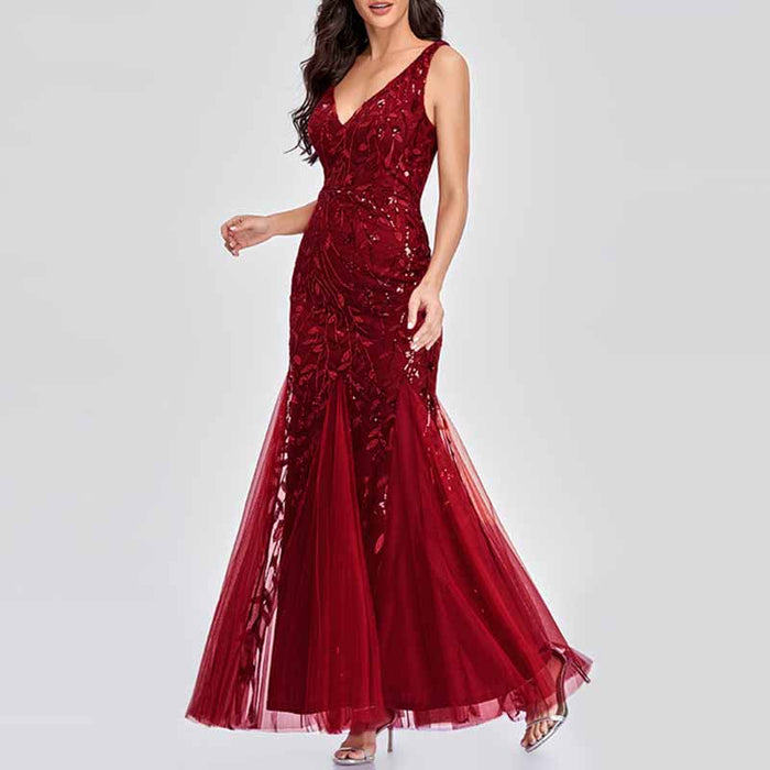Women's Double V-Neck Sleeveless Mermaid Dress Evening Maxi Dress