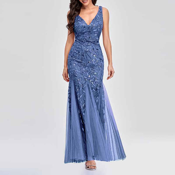 Women's Double V-Neck Sleeveless Mermaid Dress Evening Maxi Dress