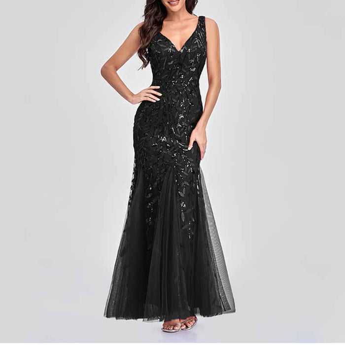 Women's Double V-Neck Sleeveless Mermaid Dress Evening Maxi Dress