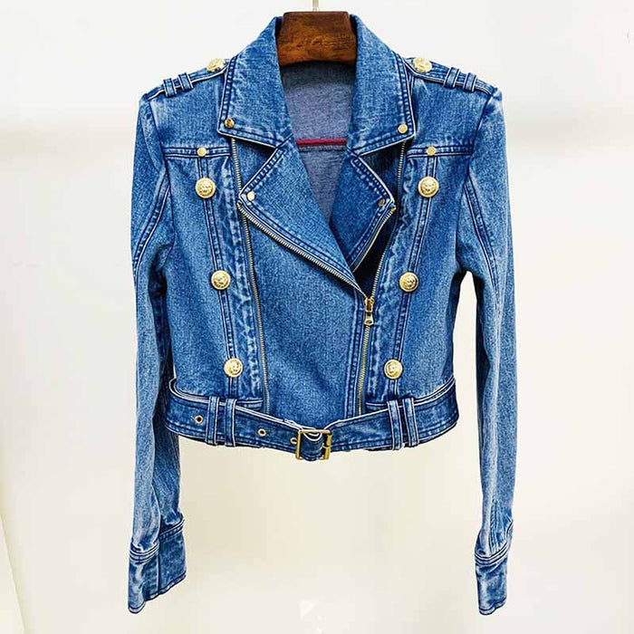 Womens Double Zipper Button Down Denim Biker Jacket
