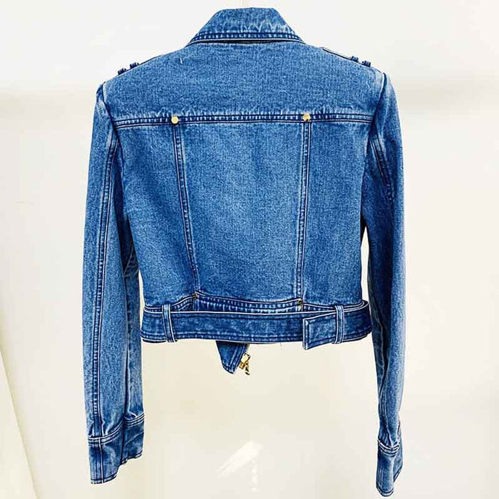 Womens Double Zipper Button Down Denim Biker Jacket