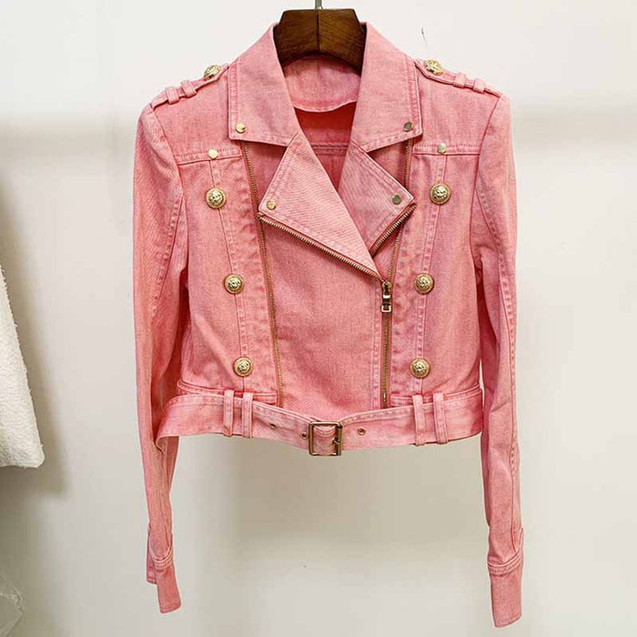Womens Double Zipper Button Down Denim Biker Jacket