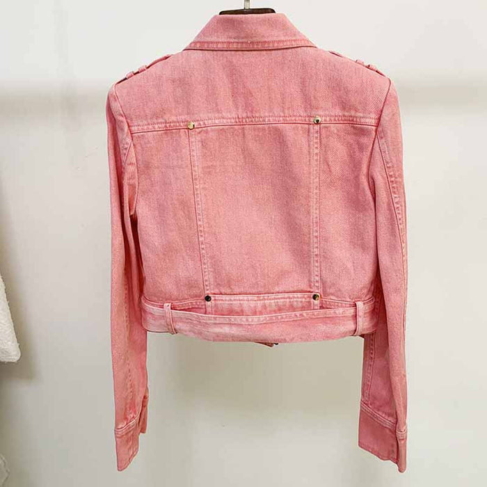 Womens Double Zipper Button Down Denim Biker Jacket