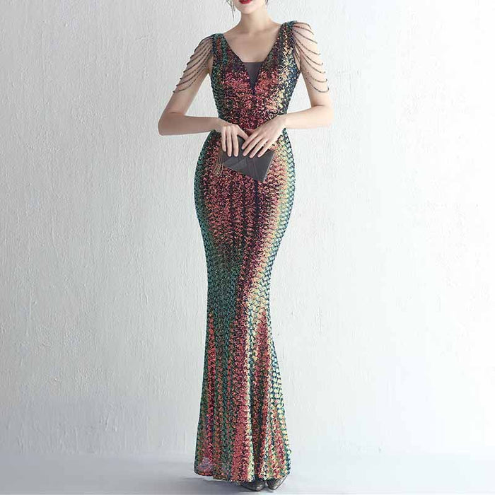 Women's Dress V Neck Long Maxi Elegant Mermaid Formal Dresses Evening Gown S-4XL