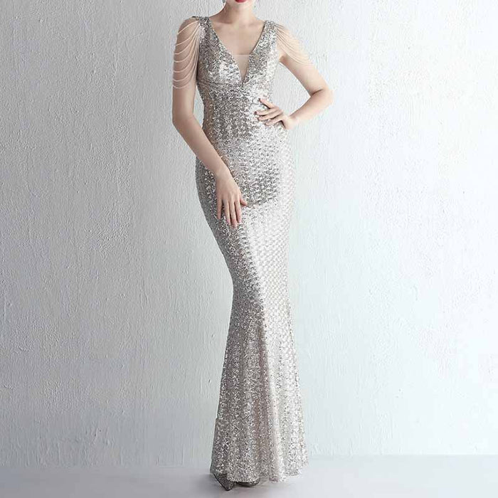 Women's Dress V Neck Long Maxi Elegant Mermaid Formal Dresses Evening Gown S-4XL