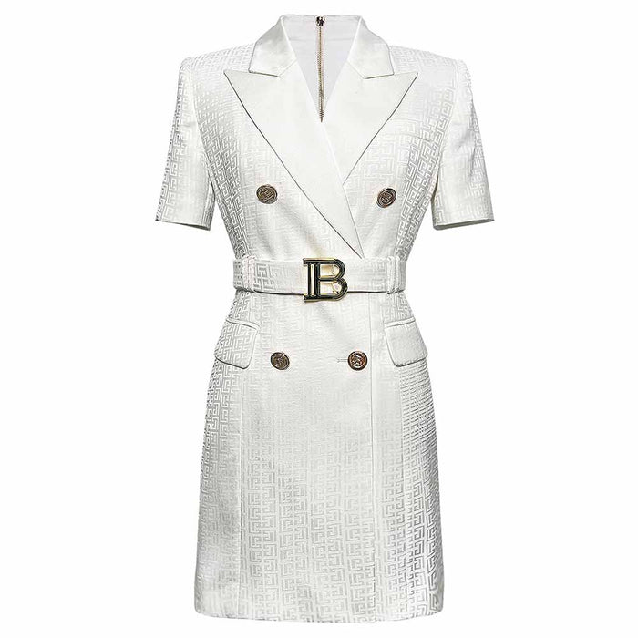 Women's Elegant Collar V Neck Lace Short Sleeve Blazer Mini White Dress with Belt