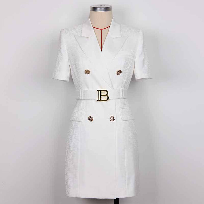 Women's Elegant Collar V Neck Lace Short Sleeve Blazer Mini White Dress with Belt