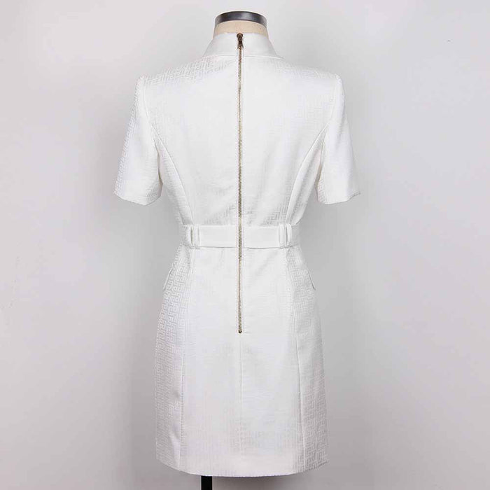 Women's Elegant Collar V Neck Lace Short Sleeve Blazer Mini White Dress with Belt