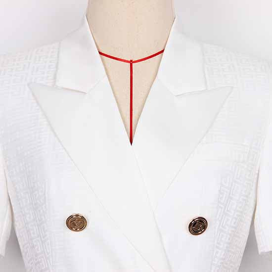 Women's Elegant Collar V Neck Lace Short Sleeve Blazer Mini White Dress with Belt