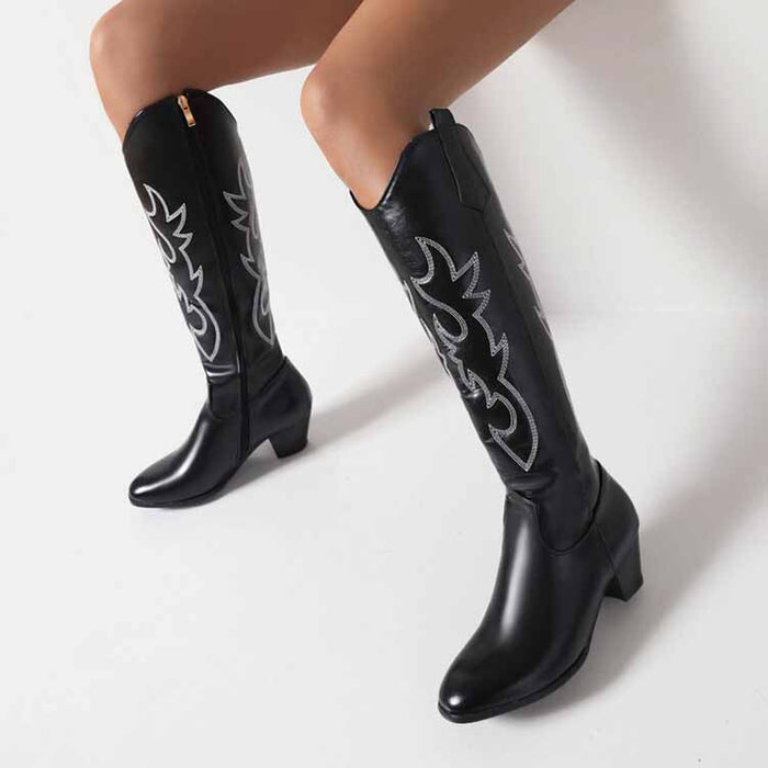 women's embroidered cowboy boots in black with stylish silver detailing