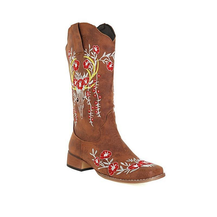 Stylish women's embroidered cowgirl boots with vibrant floral designs for trendy western wear