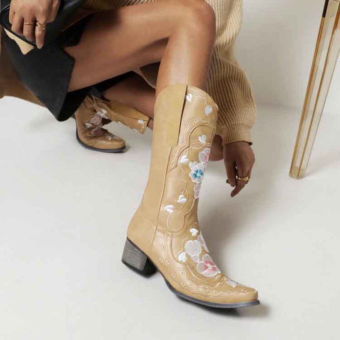 Women's embroidered cowgirl boots in tan with floral design, perfect for stylish western wear