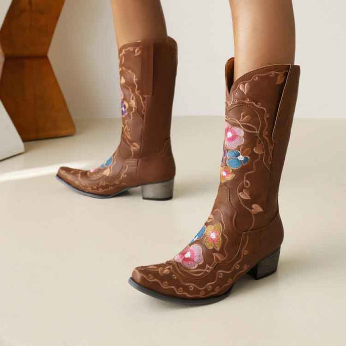 Women's embroidered cowgirl boots with floral designs and a comfortable block heel for stylish wear