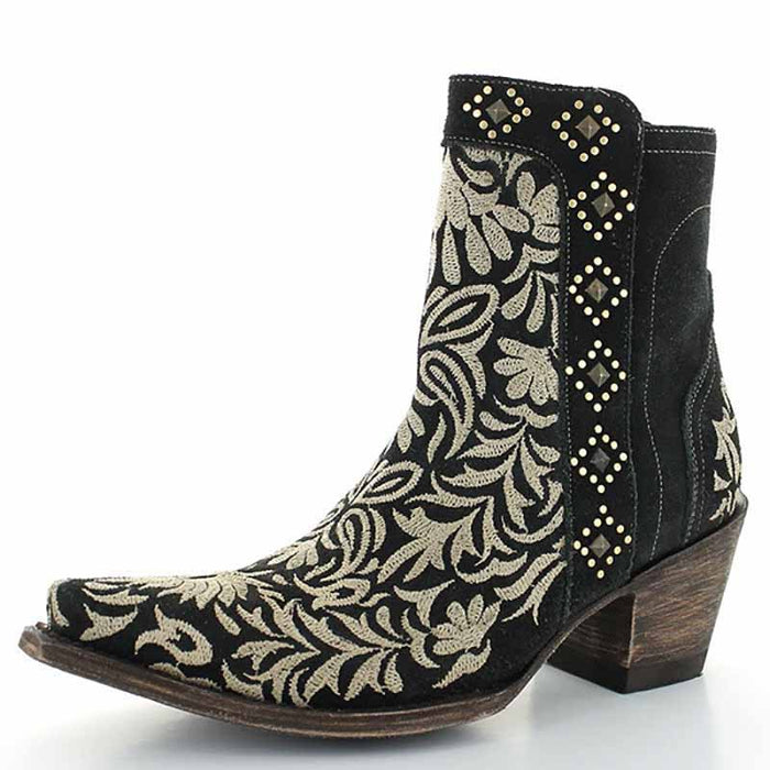 Womens Embroidered Floral Snip Toe Boots Ankle Low Heel Boot