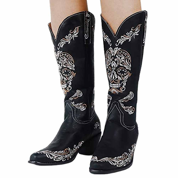 Women's embroidered leather Mid-calf western cowgirl black boots