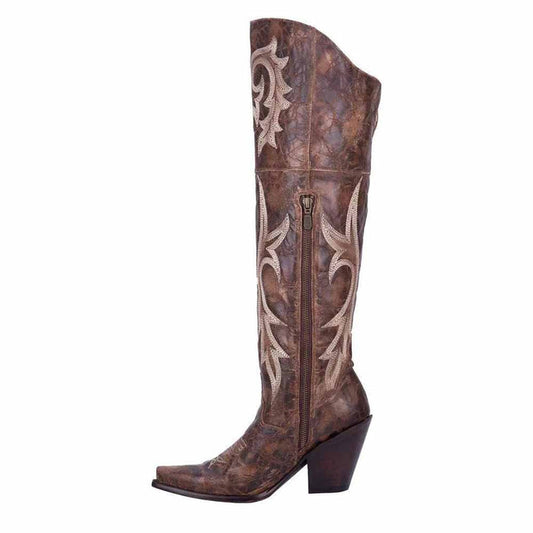 womens embroidered snip toe boots with decorative stitching in a stylish brown finish