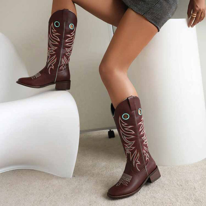 Women's Embroidered Squared Toe Western Medieval Retro Cowboy Boots
