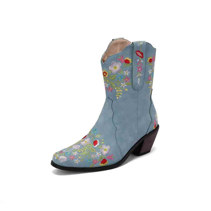 Women's Embroidered Western Short Cowgirl Boots Chunky Heel Boots