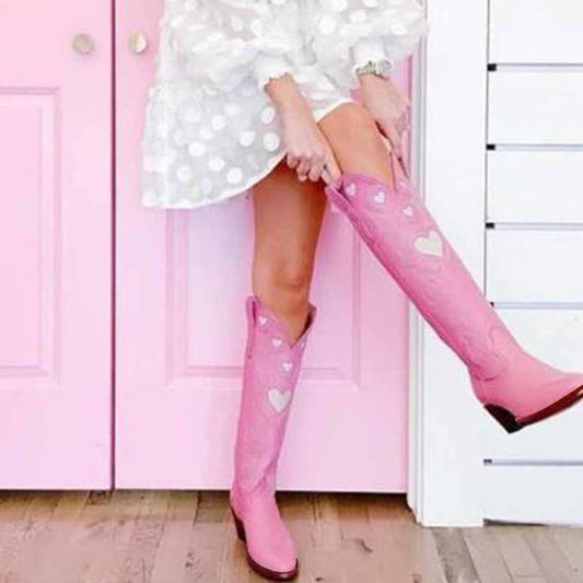 Stylish women's embroidery heart cowgirl boots in pink, perfect for trendy outfits and casual wear