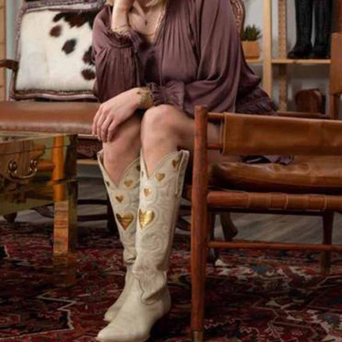 Stylish women's embroidery heart cowgirl boots in cream with gold hearts perfect for trendy outfits