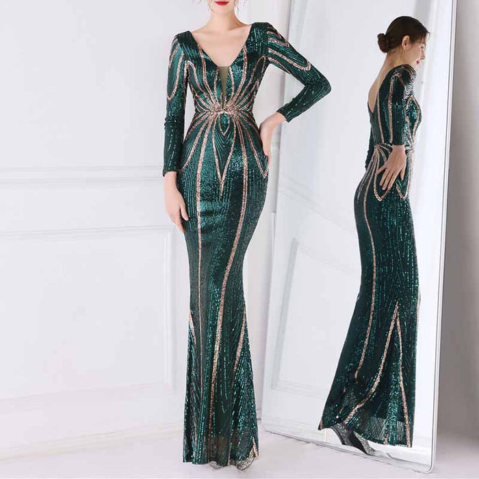 Women's Evening Dress Tight-Fitting Long Sleeve Sequin Formal Occasion Dress S-4XL