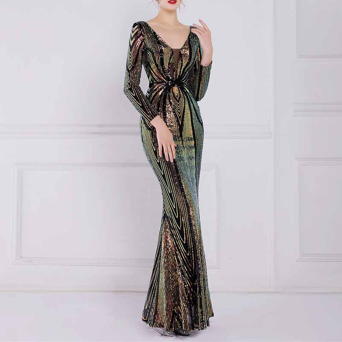 Women's Evening Dress Tight-Fitting Long Sleeve Sequin Formal Occasion Dress S-4XL