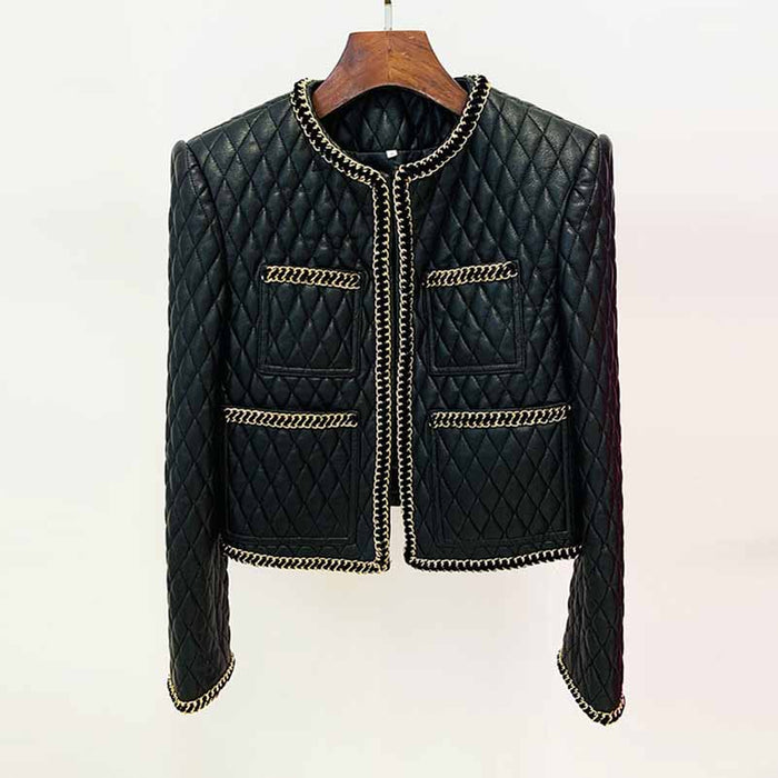 Women's Faux Leather Golden Buttons Loose Fit Jacket + Mini Skirt Suit Black Fashion Suit