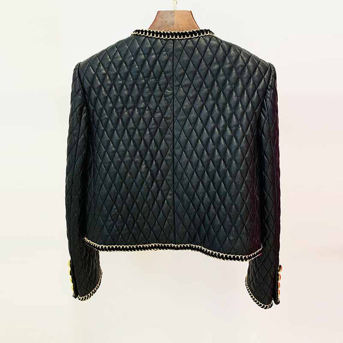 Women's Faux Leather Golden Buttons Loose Fit Jacket + Mini Skirt Suit Black Fashion Suit