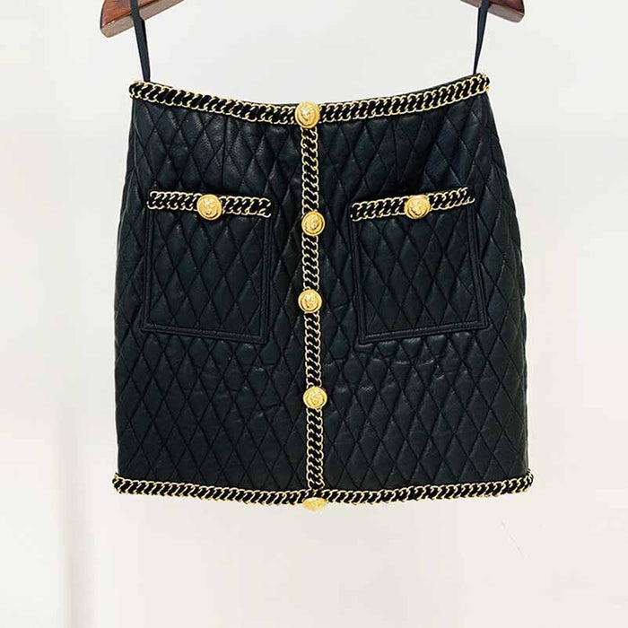 Women's Faux Leather Golden Buttons Loose Fit Jacket + Mini Skirt Suit Black Fashion Suit