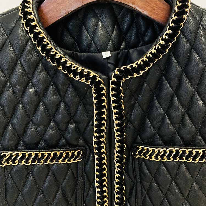 Women's Faux Leather Golden Buttons Loose Fit Jacket + Mini Skirt Suit Black Fashion Suit