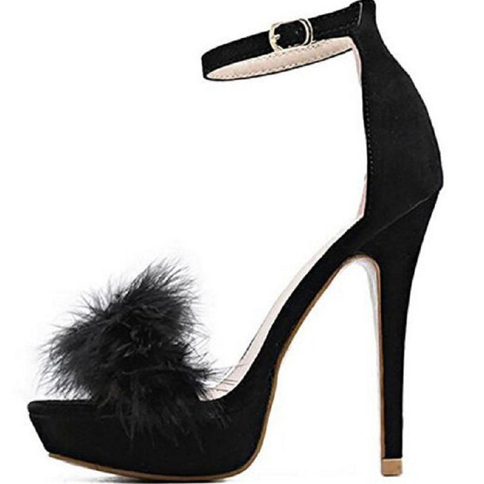 Elegant black women's feather party pumps with ankle strap and stylish feather detail