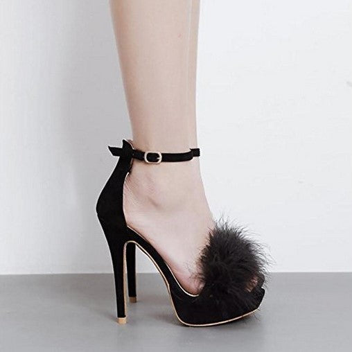 Stylish women's feather party pumps in black with a sleek stiletto heel and ankle strap design