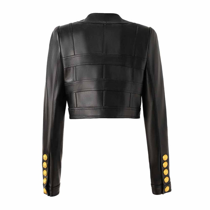 Women's Fitted Faux Leather Golden Lion Buttons Short Crop Jacket