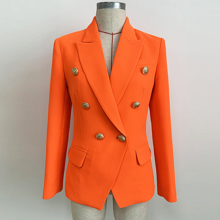 Women's Fitted Gold Lion Buttons Fitted Jacket Neon Orange Blazer