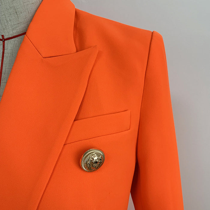 Women's Fitted Gold Lion Buttons Fitted Jacket Neon Orange Blazer