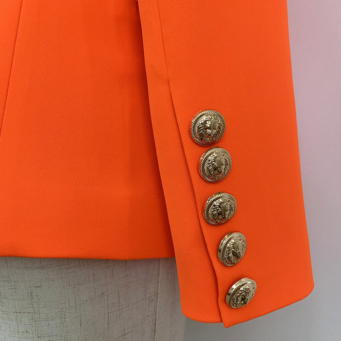 Women's Fitted Gold Lion Buttons Fitted Jacket Neon Orange Blazer