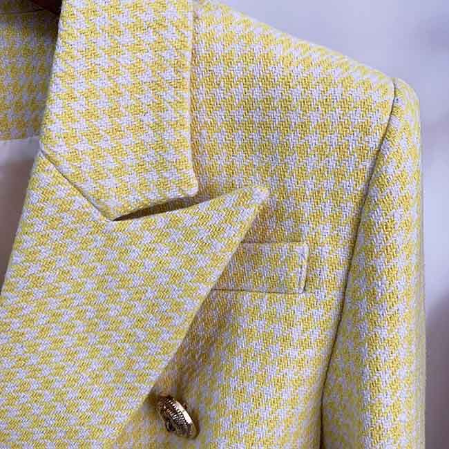 Women's Fitted Gold Lion Buttons Fitted Jacket Yellow Houndstooth Check Blazer