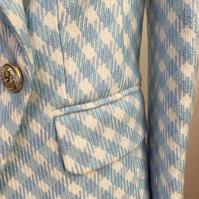 Women's Fitted Golden Lion Buttons Luxury Blue Checked Blazer