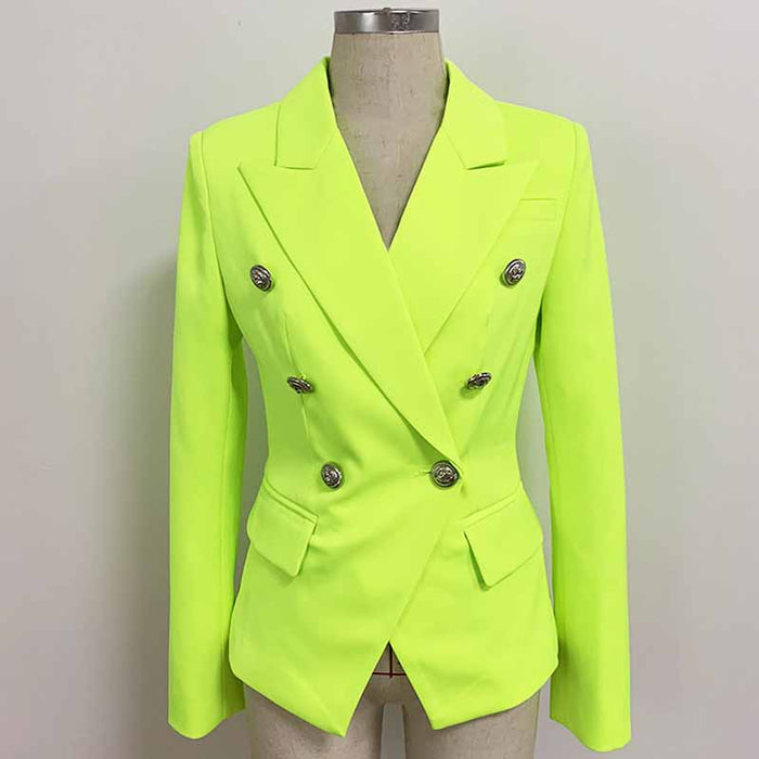 Women's Fitted Silver Lion Buttons Fitted Jacket Blazer Neon Yellow