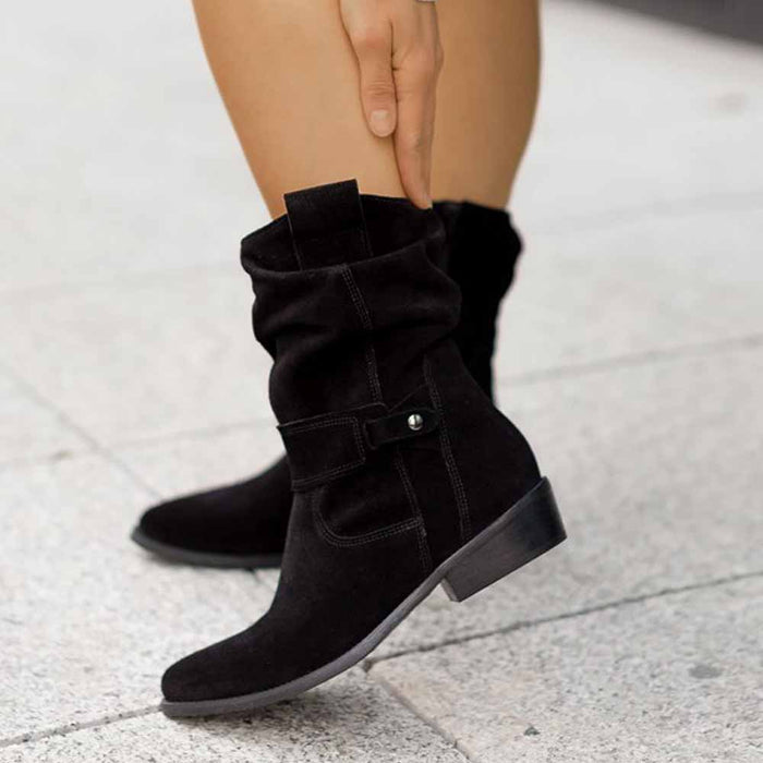 Stylish black sd-hk women's flat heel calf boots with slouchy design and adjustable strap