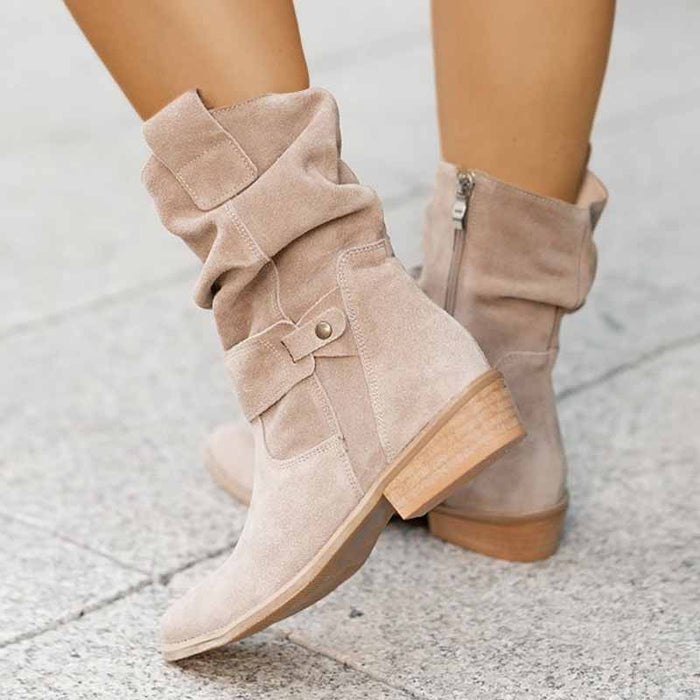 Stylish women's flat heel calf boots in beige with slouch design and wooden heel for casual wear