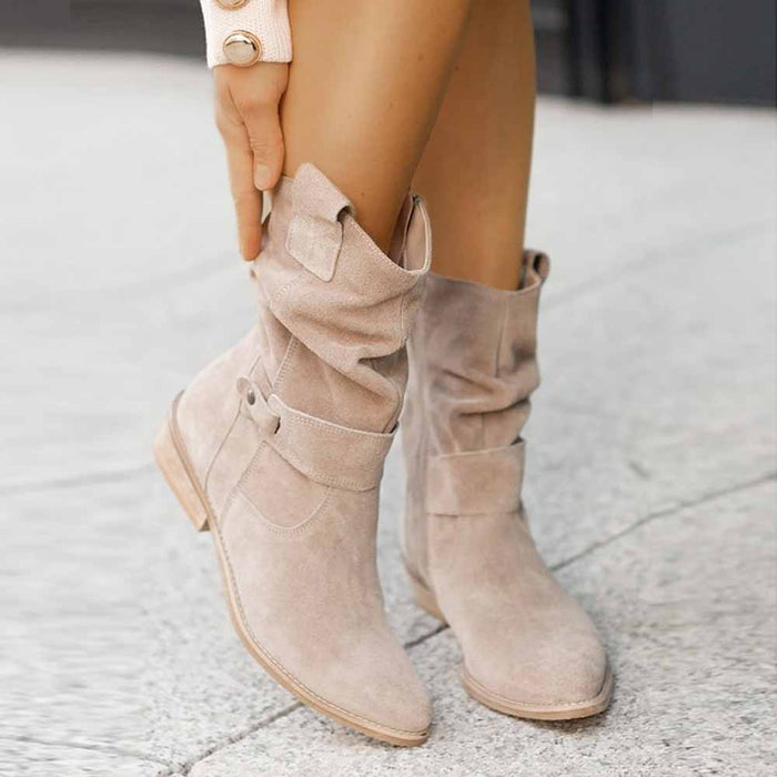 Stylish women's flat heel calf boots in light beige with slouchy design and comfortable fit