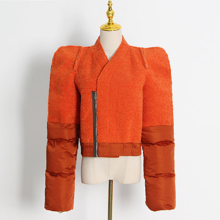 Women's fleece jacket contrast stitching short winter coat